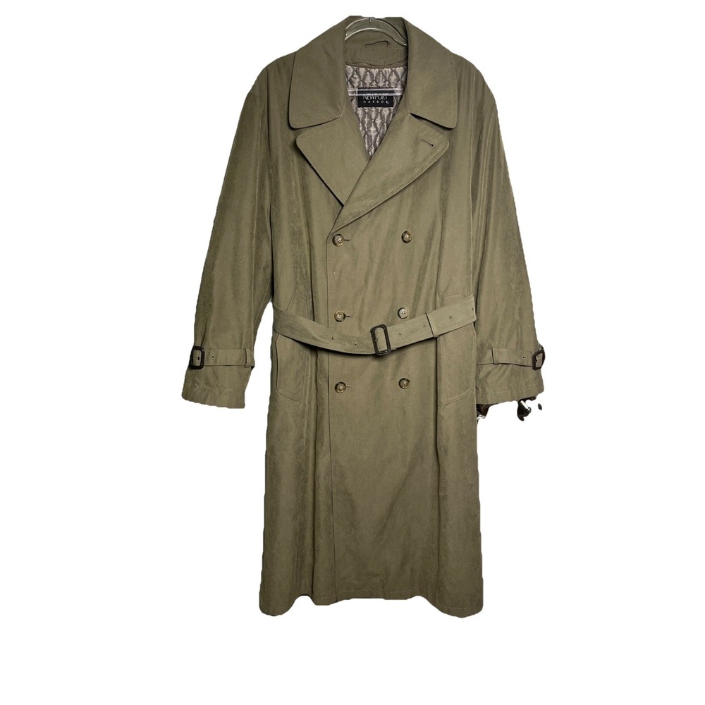 Vintage Newport Harbor‎ Mens Size 36S Wool Lined Belted Khaki Green Trench Coat